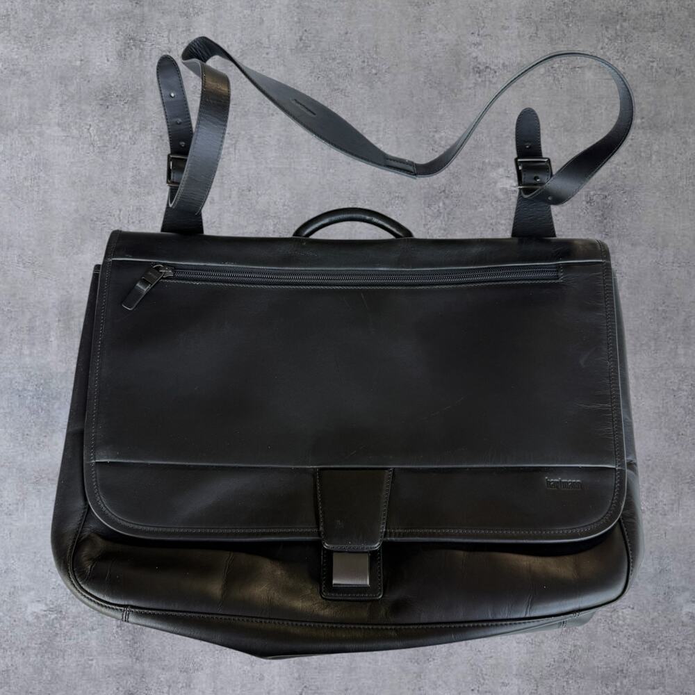 Hartmann Black Leather Messenger Bag Briefcase Laptop Travel Satchel Shoulder